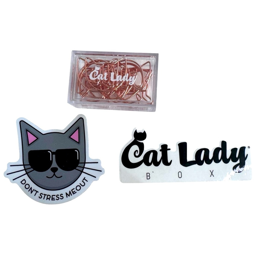 Set of Cat Lady Box Cat Head Shaped Paperclips & 2 Vinyl Stickers NIB